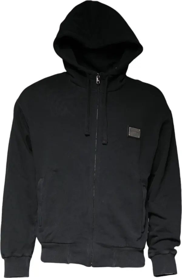 Black Logo Plaque Hooded Full Zip Sweater