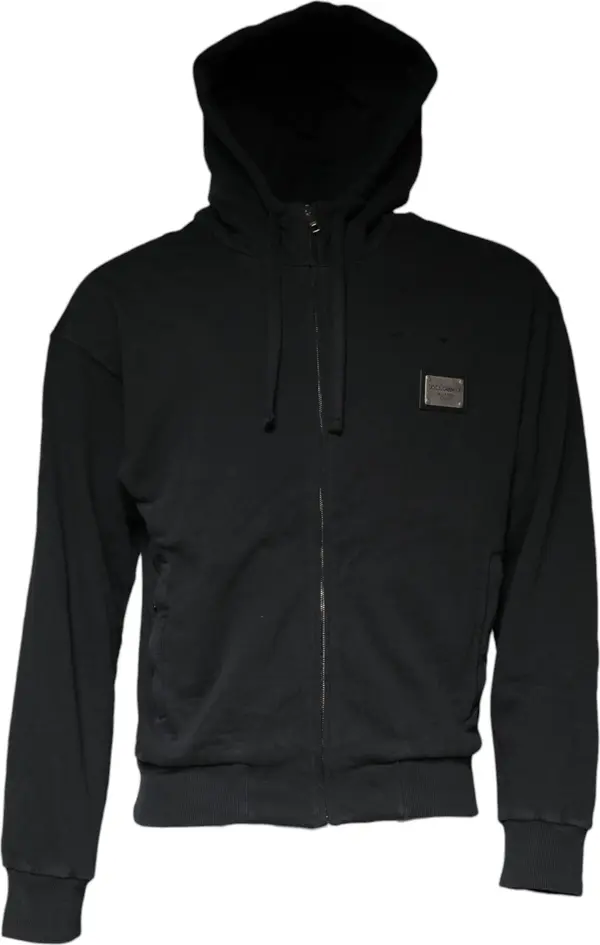 Black Logo Plaque Hooded Full Zip Sweater