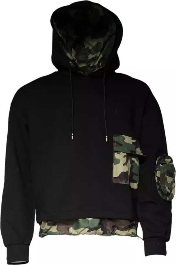 Black Pocket CottonHooded Sweatshirt Sweater