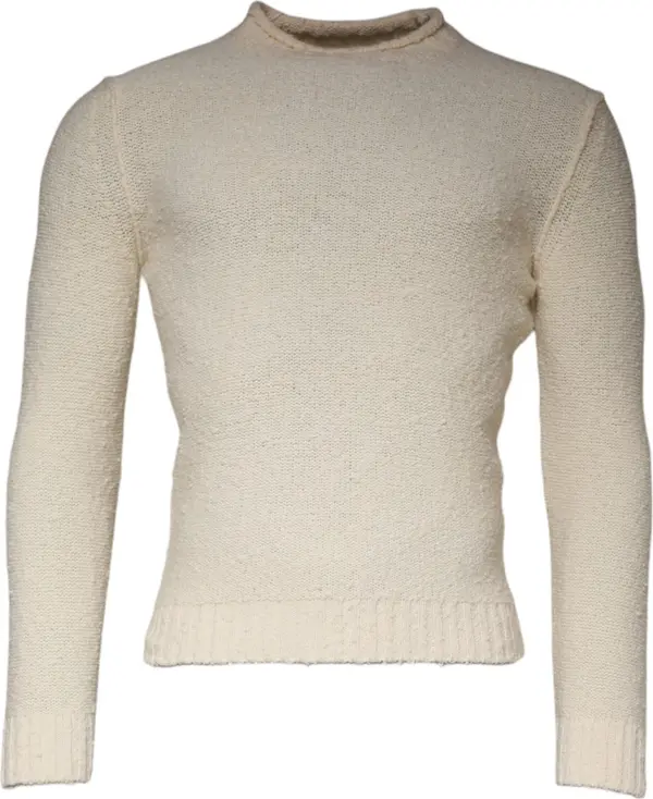 Beige Wool Knit Long Sleeve Round Neck Pullover Sweater