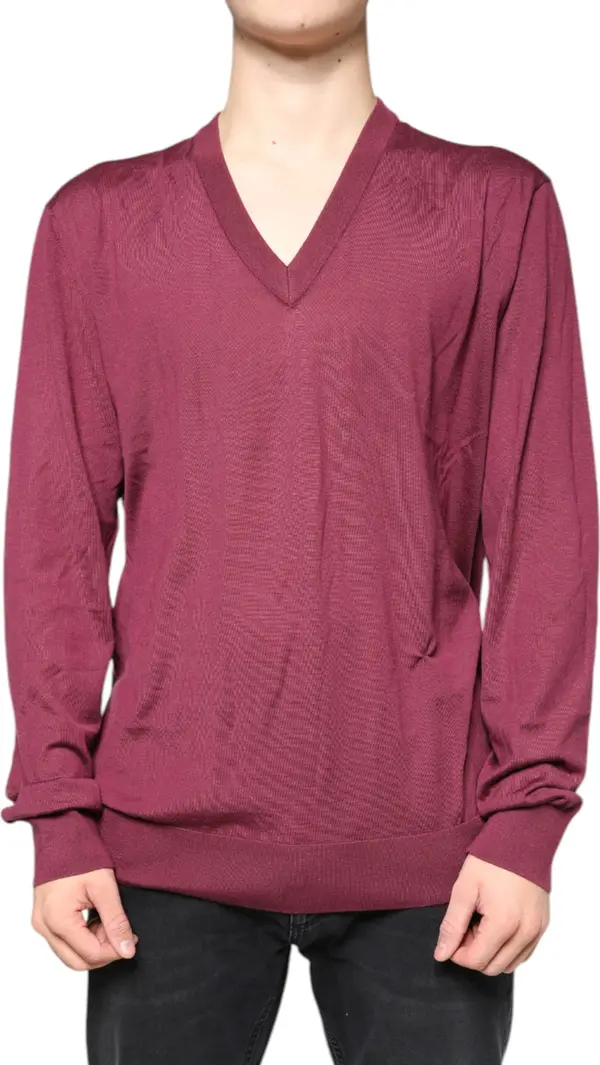 Maroon Cashmere V-neck Men Pullover Sweater