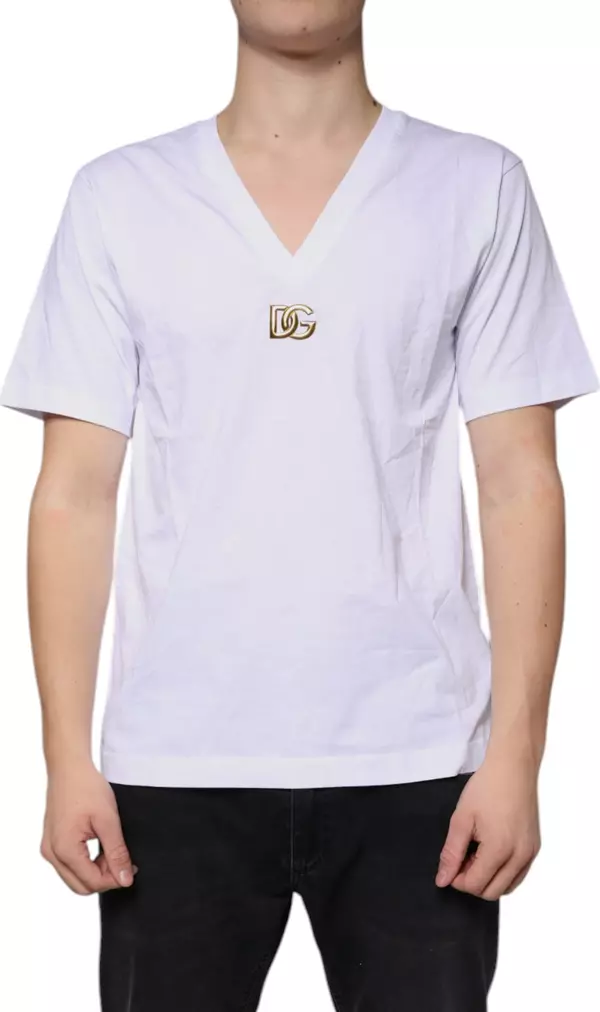 White Logo Cotton Vneck Short Sleeve T-shirt