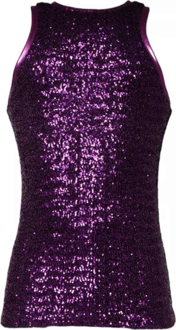 Purple Sequin Round Neck Sleeveless T-shirt