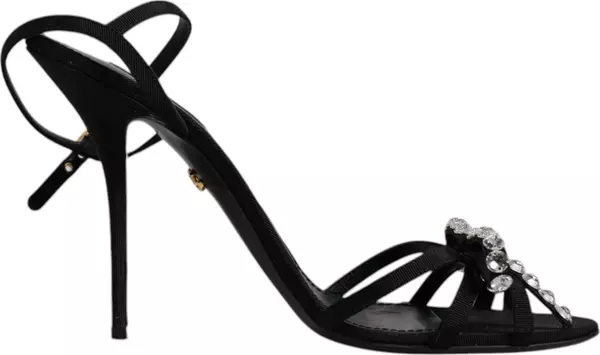 Black Leather Crystal Heels Sandals Shoes