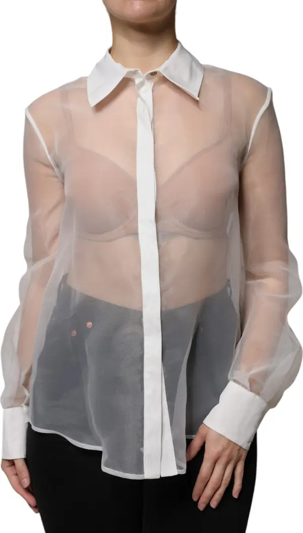 White Sheer Collared Buttoned Long Sleeves Top