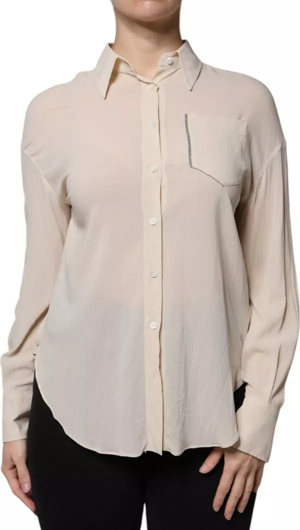 Beige Silk Blend Collared Button Down Top