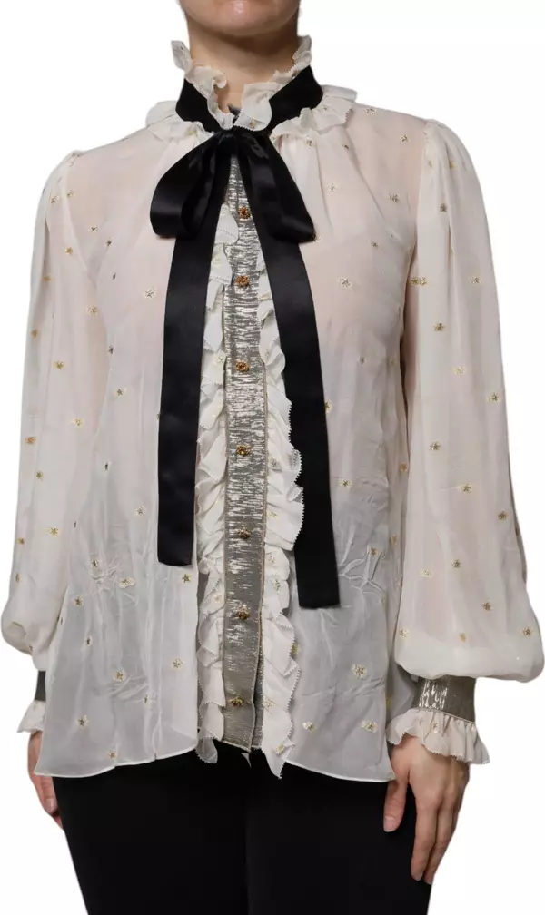 Off White Silk Blend Ascot Collar Blouse Top