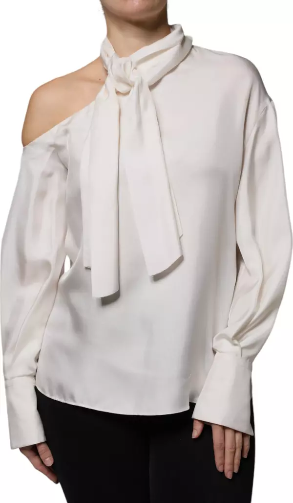 Beige Silk Ascot Collared Long Sleeves Top
