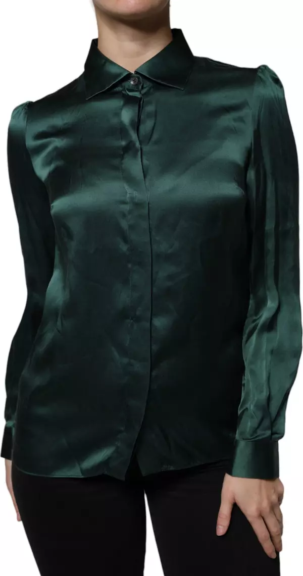 Dark Green Silk Button Down Long Sleeves Blouse Top