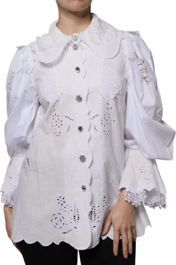 White Cotton Lace Trim Collared Blouse Top