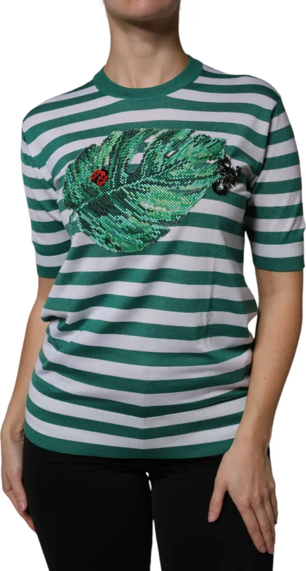 White Green Stripe Leaf Crew Neck T-shirt