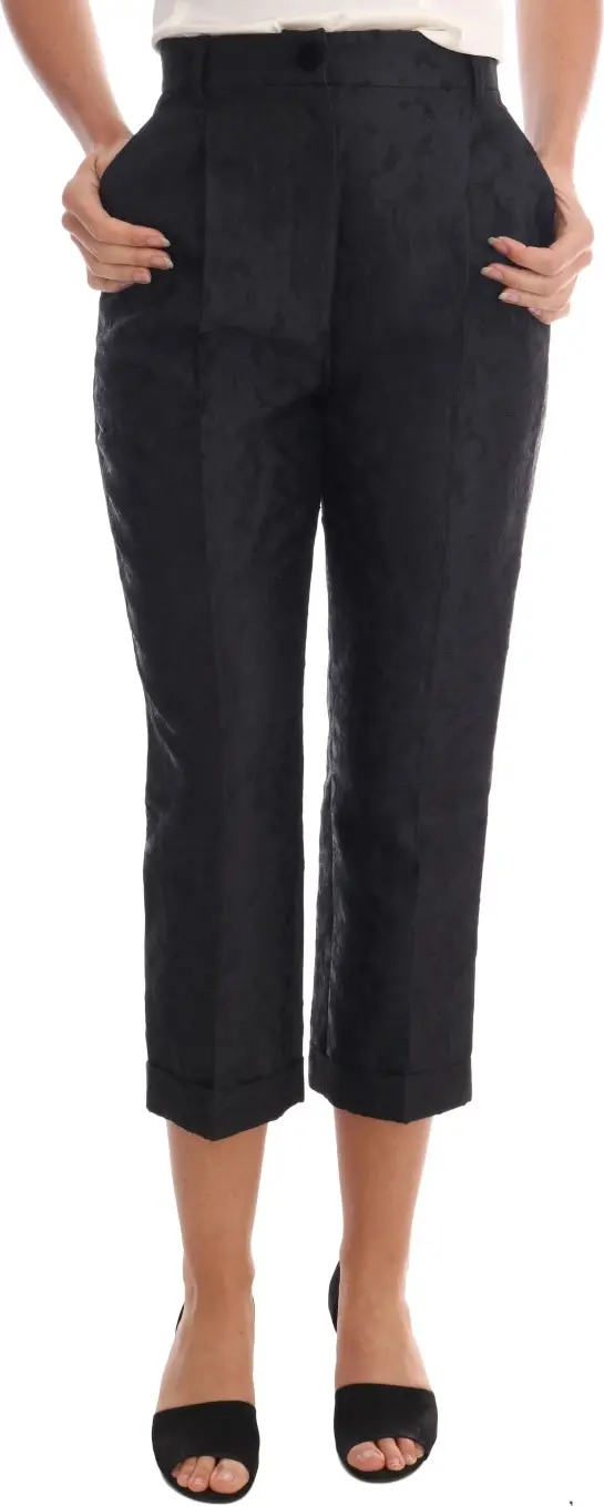 Black Floral Brocade Capri Pants