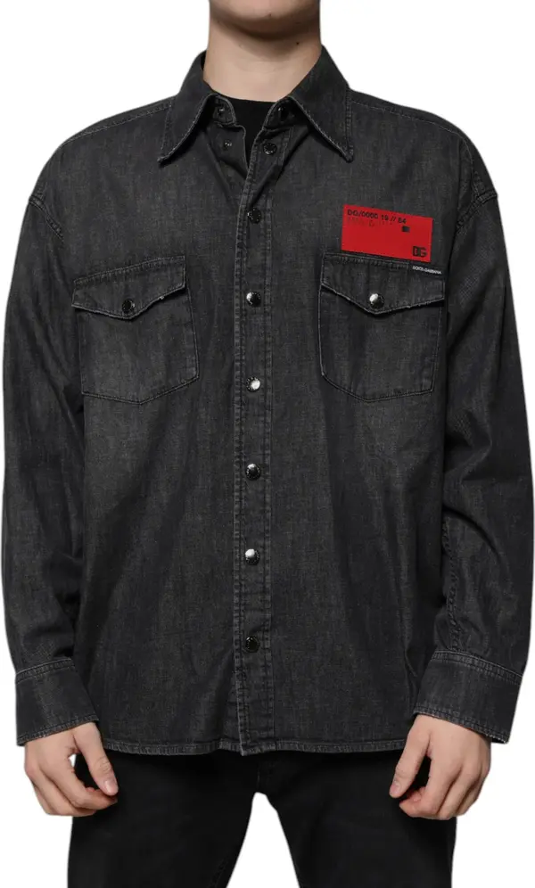Black Logo Cotton Button Down Denim Shirt