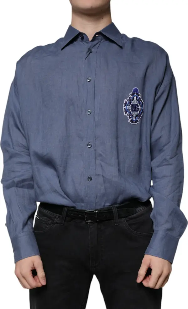 Blue Logo Long Sleeve Button Down Casual Shirt