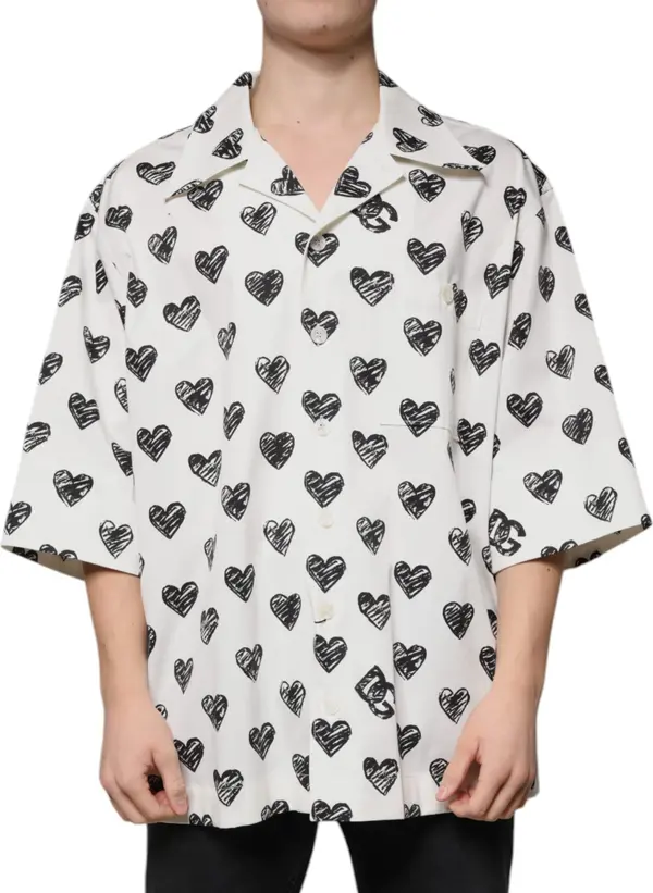 White Heart Print Short Sleeve Casual Shirt