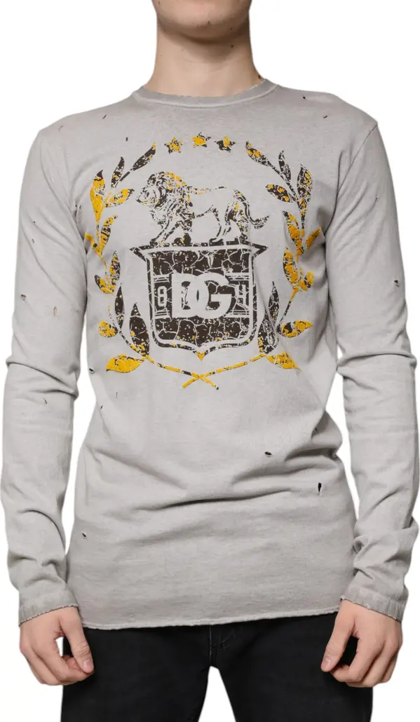 Gray Printed Cotton Crewneck Pullover Sweater