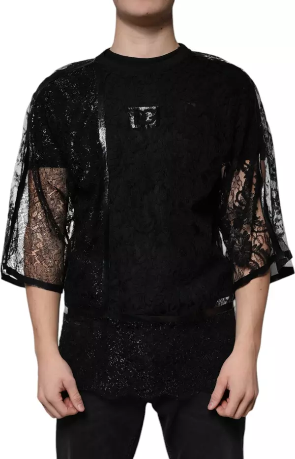 Black Nylon Floral Lace Crew Neck T-shirt