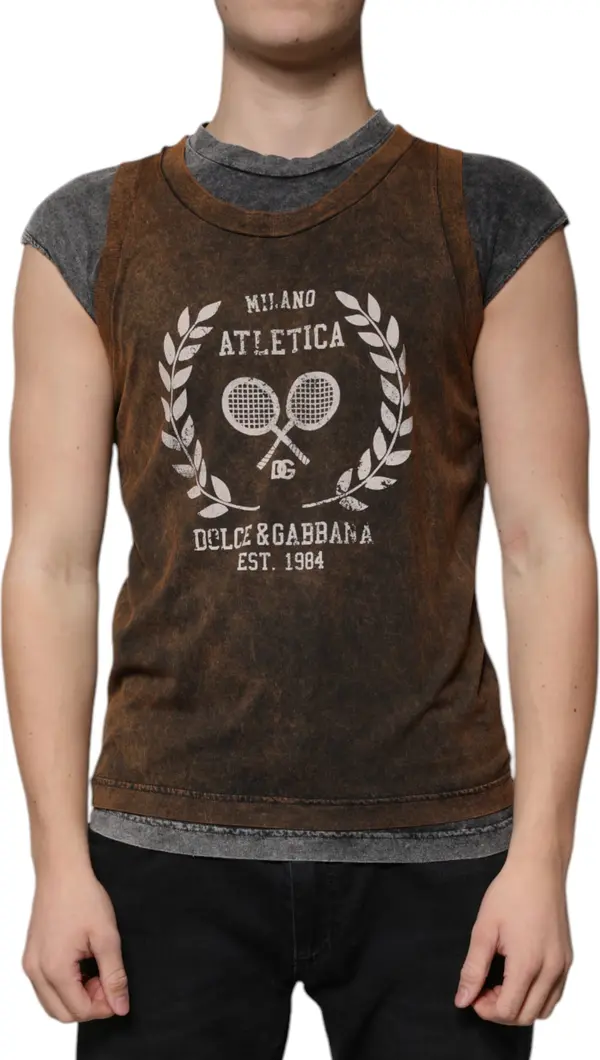 Brown Cotton Crew Neck Sleeveless T-shirt