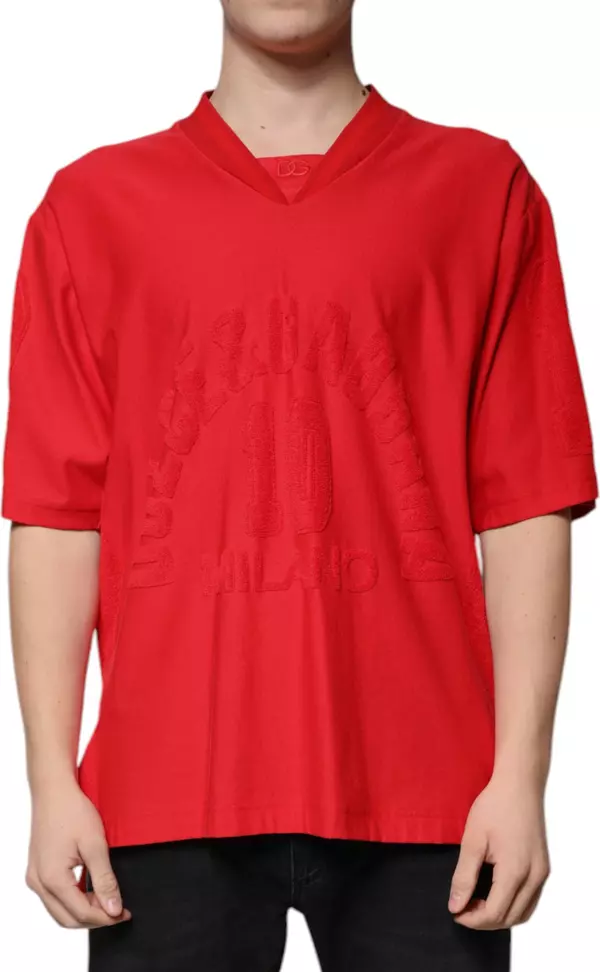 Red Cotton V-neck Short Sleeves T-shirt