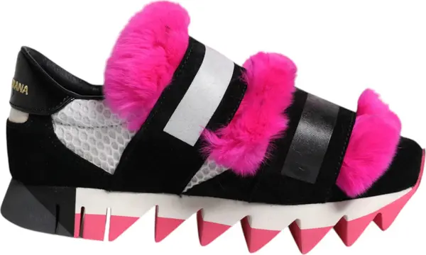 Black Pink Fur Embellished Sneakers Shoes