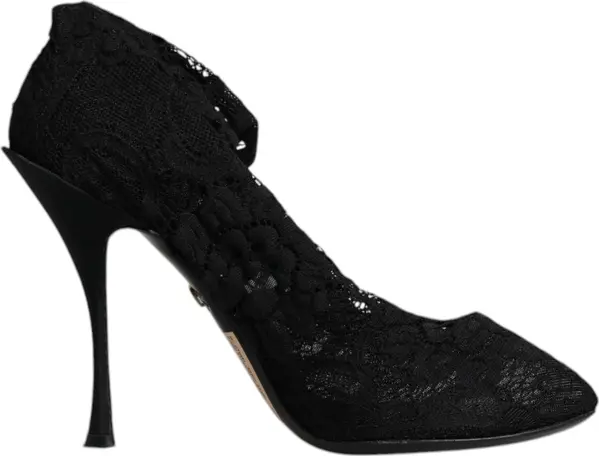 Black Lace Stretch Heels Mid Calf Boots Shoes