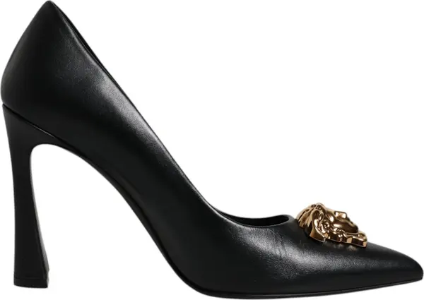 Black Leather Logo Plaque High Heels Pumps Shoes