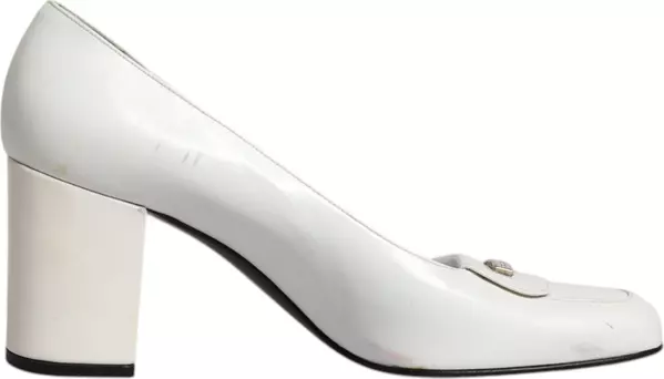 White Leather Block Heels Pumps Shoes