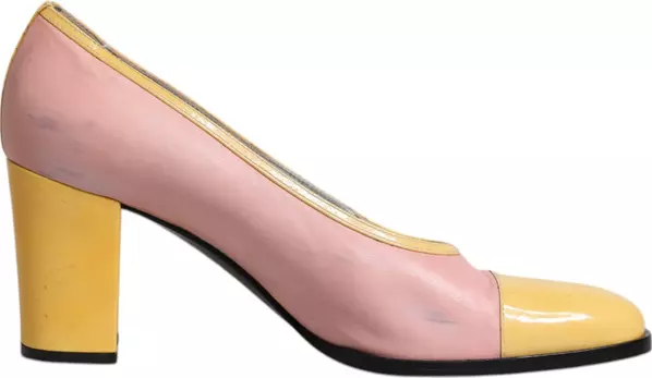 Pink Yellow Leather Block Heels Pumps Shoes