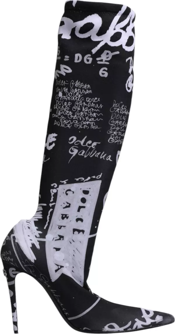 Black Logo Stretch Heels High Boots Shoes