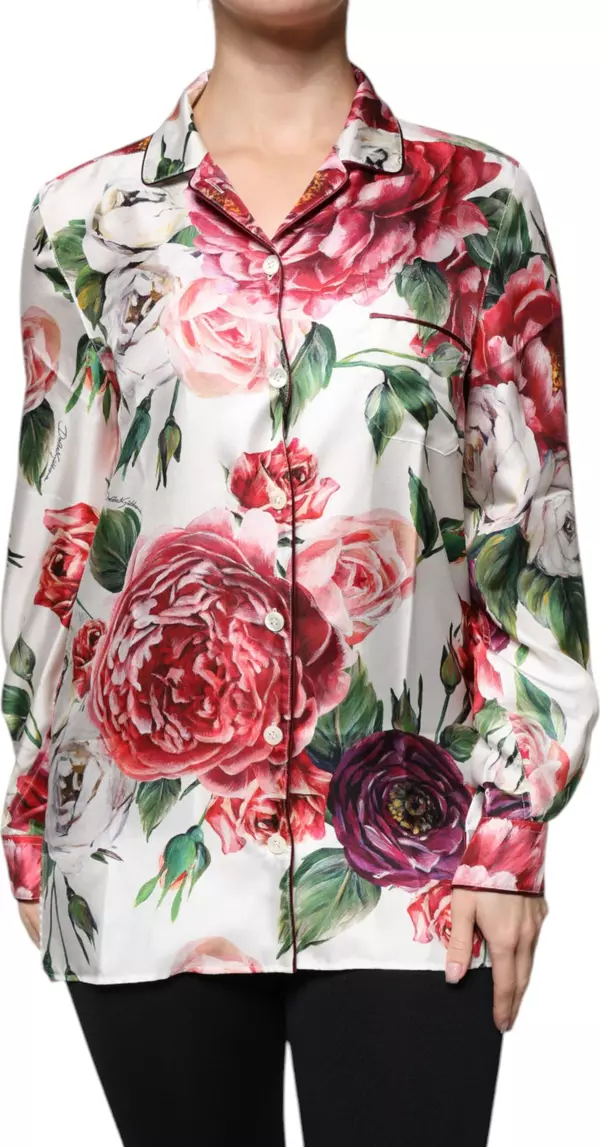White Peony Silk Long Sleeves Collared Blouse Top