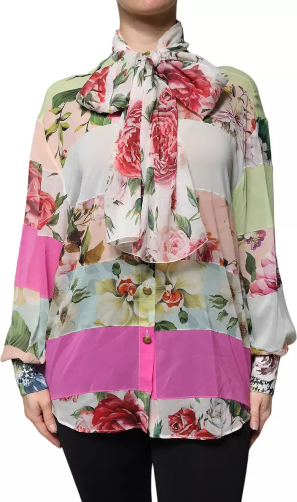 Multicolor Floral Patchwork Ascot Collar Top
