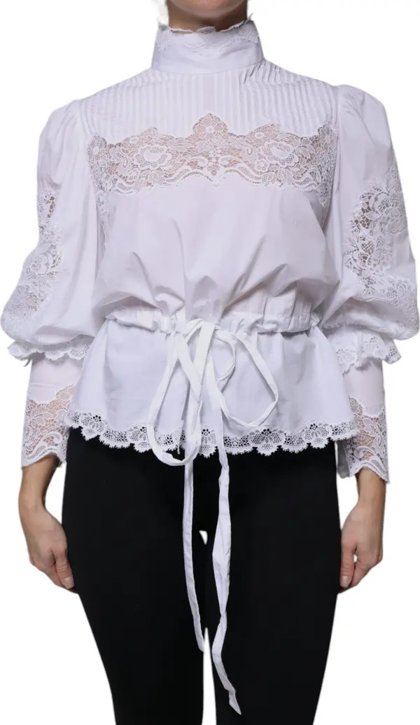 White Cotton Lace Trim Turtleneck Blouse Top