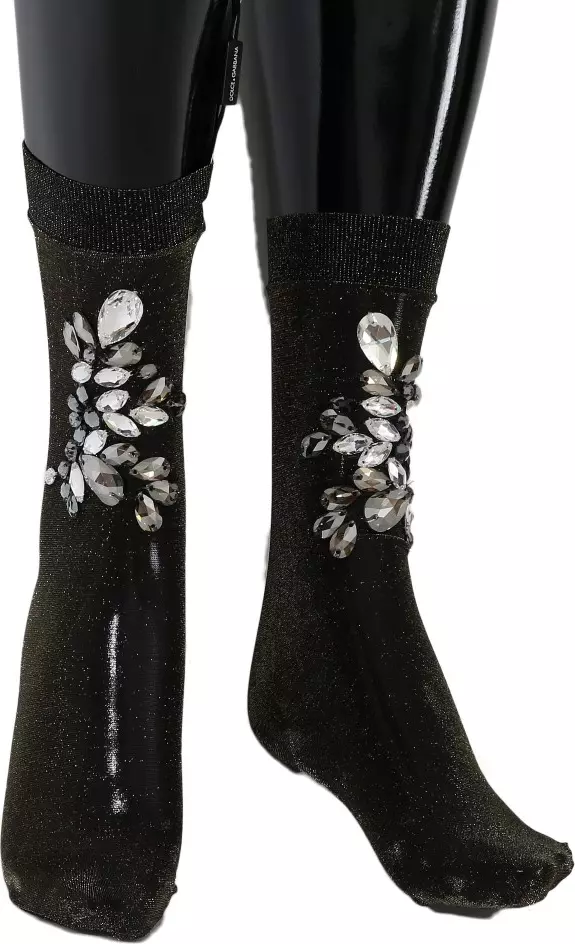 Black Stretch Floral Clear Crystal Socks