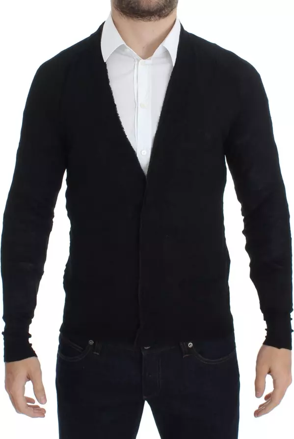 Black Fine Wool Button Cardigan