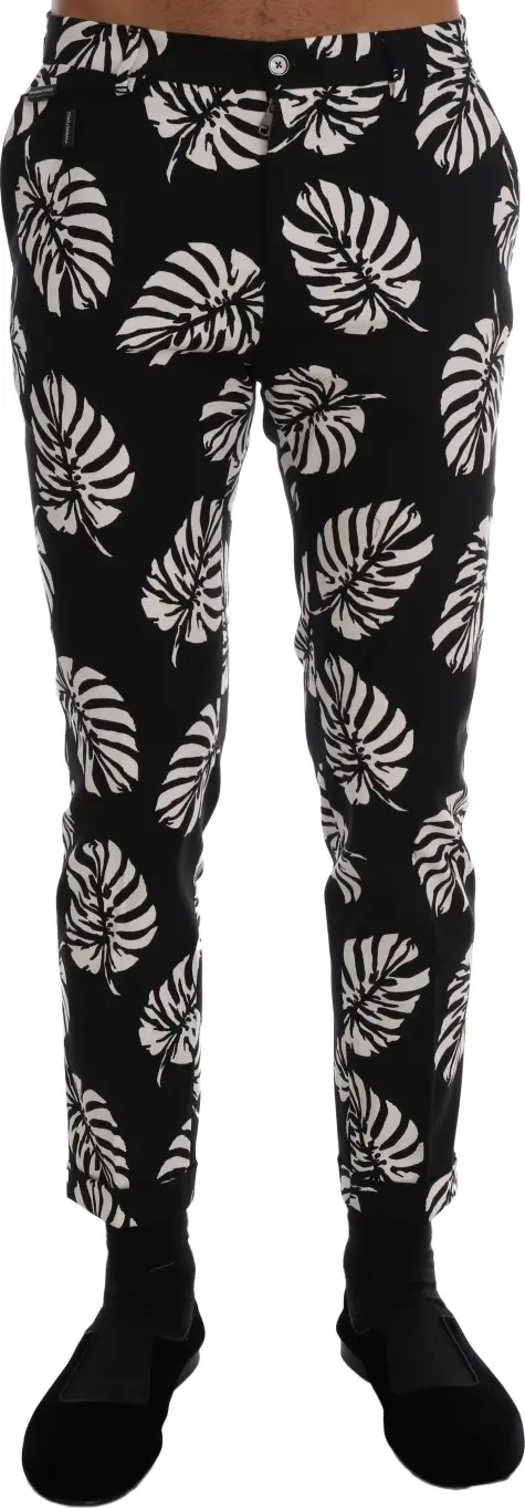 White Black Leaf Cotton Stretch Slim Pants