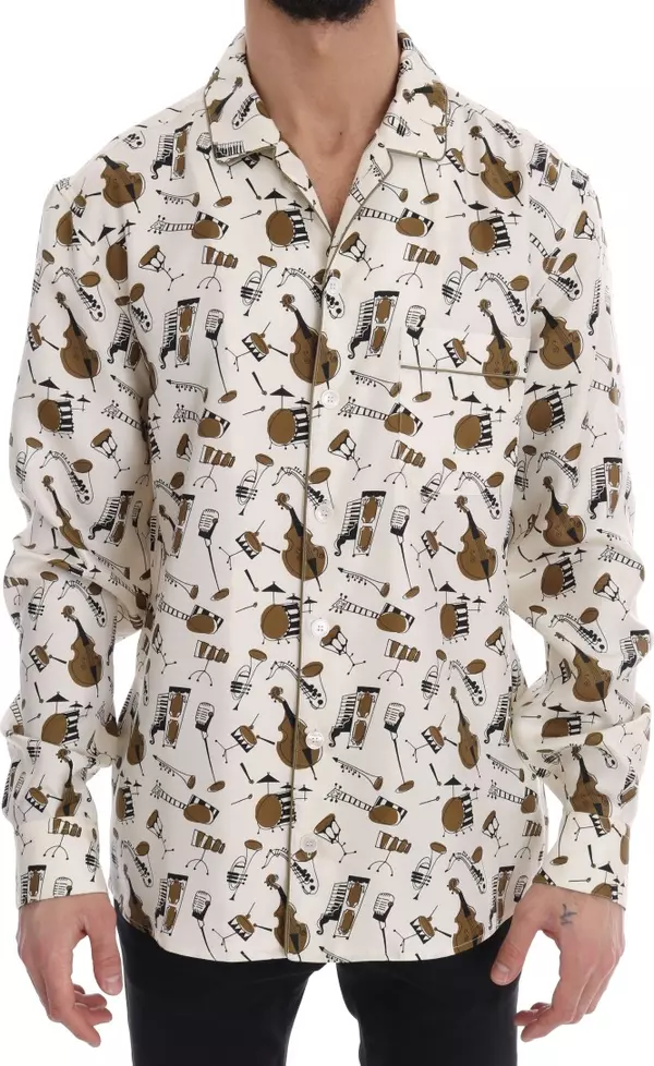 White Silk JAZZ Motive Print Shirt