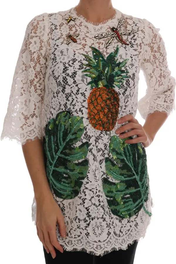 White Crystal Embellished Lace Blouse