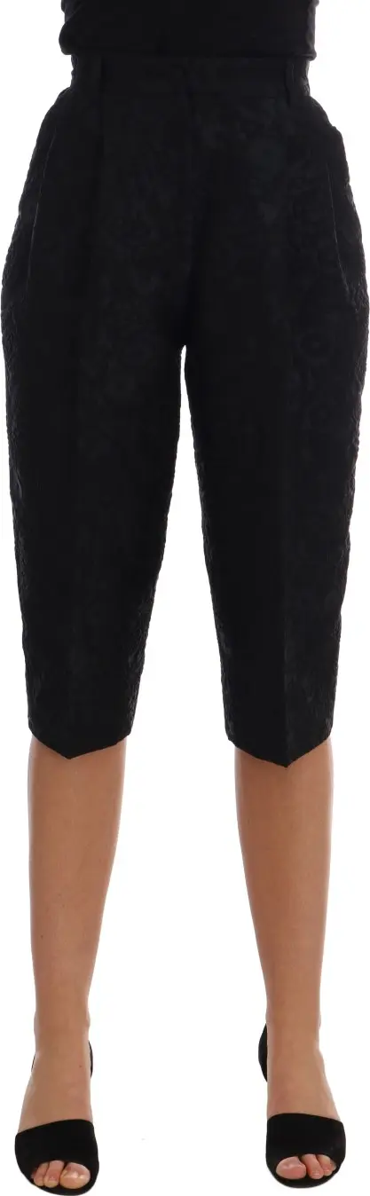 Black Brocade High Waist Capri Shorts