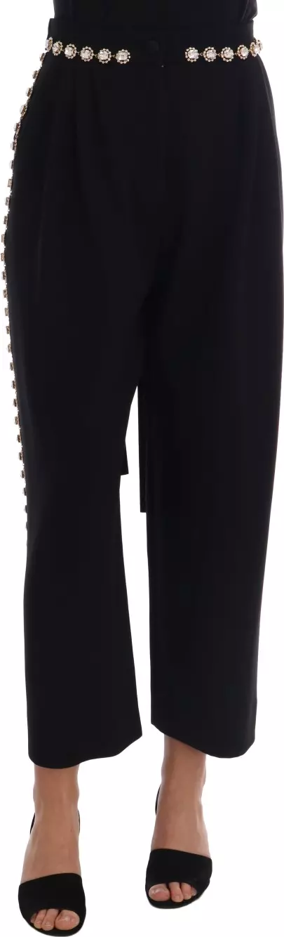 Black Wool Stretch Crystal Pants
