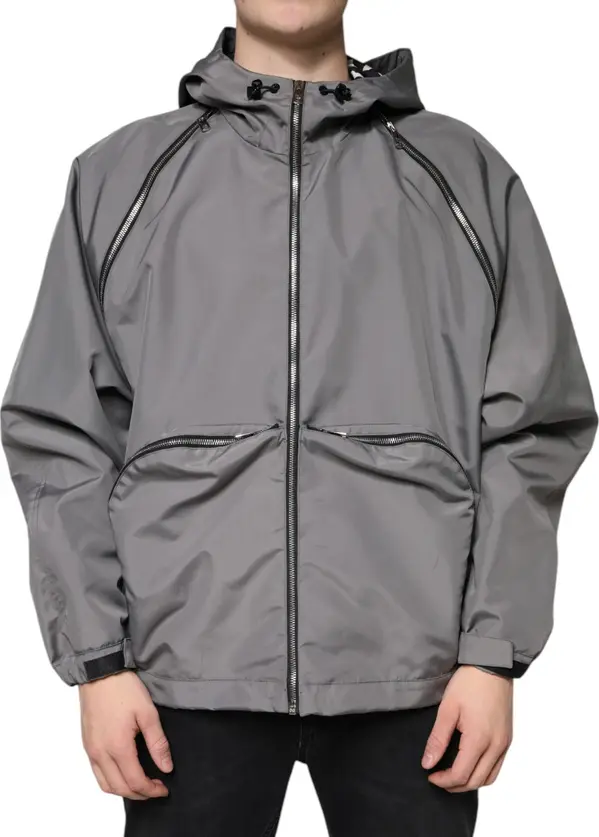 Gray Polyester Hooded Men Full Zip Jacket