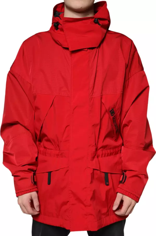 Red Nylon Hooded Men Full Zip Parka Jacket