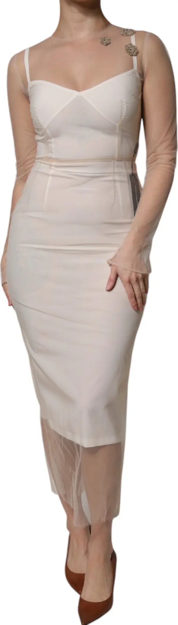 White Sheer Tulle Bustier Bodycon Midi Dress