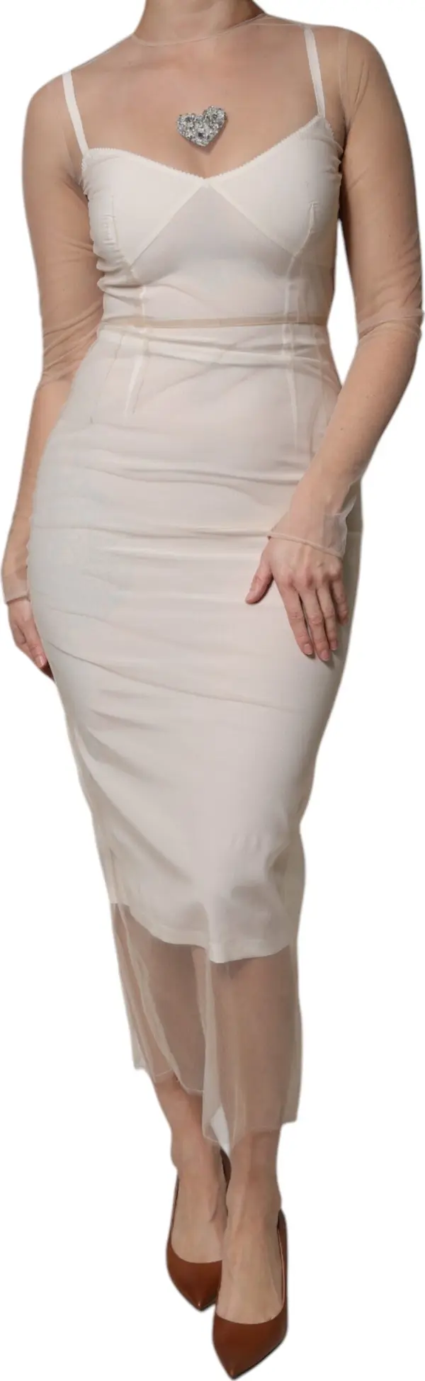 White Sheer Tulle Bustier Bodycon Midi Dress