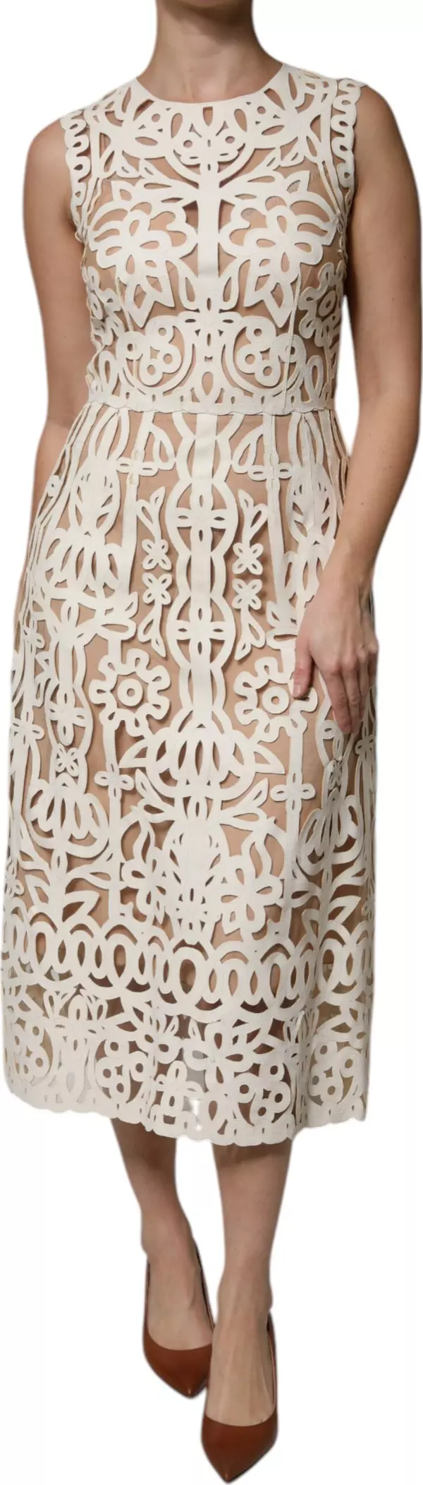 White Cut Out Leather Sleeveless Midi Dress