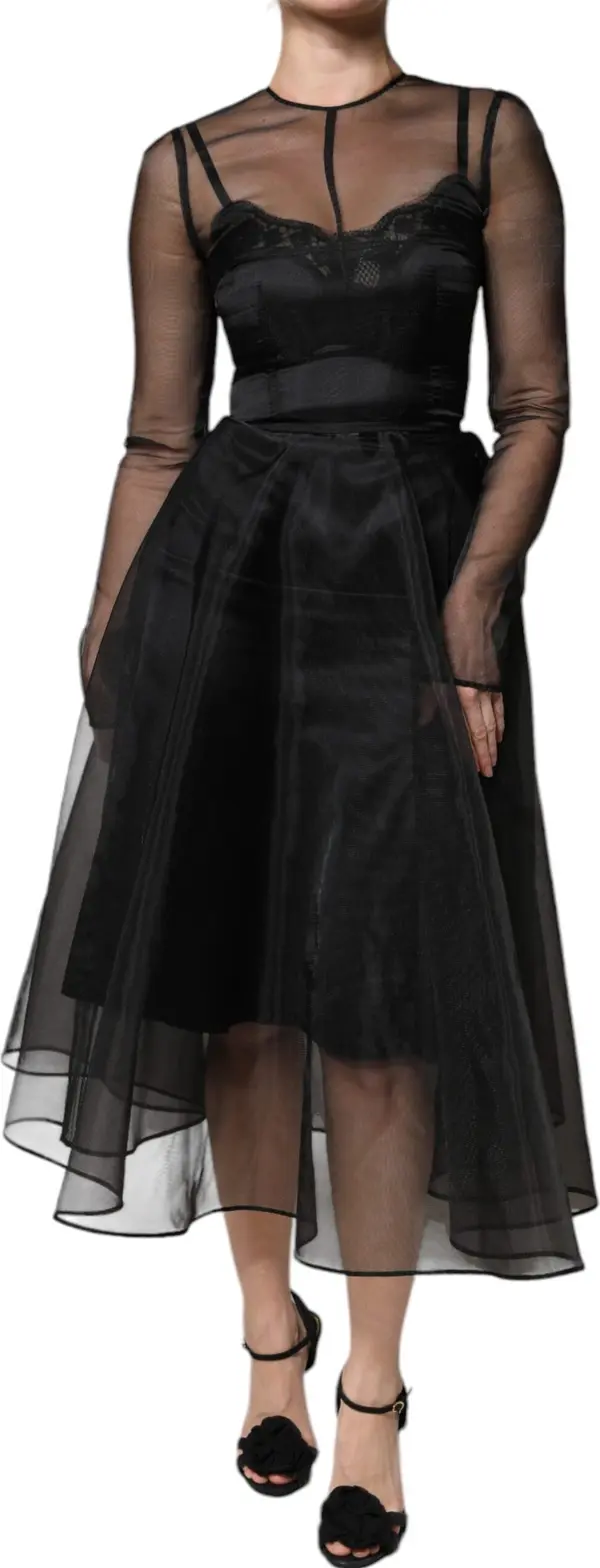 Black Tulle A-line Midi Cocktail Gown Dress