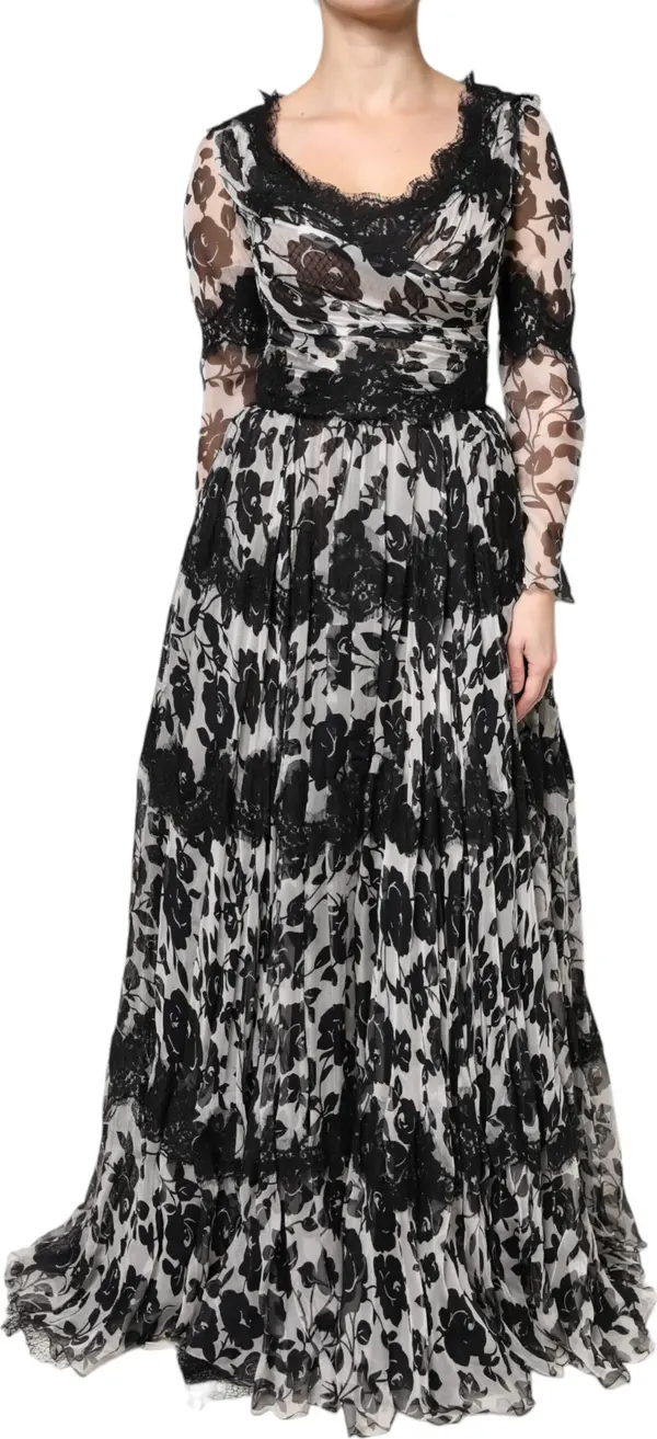 Black Silk Floral Lace Ricamo Ball Maxi Dress