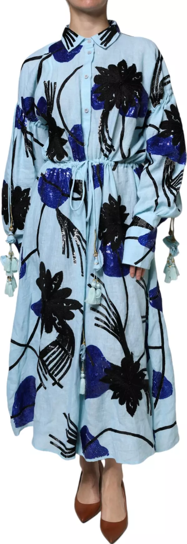 Light Blue Floral Embellished Shirt Maxi Dress