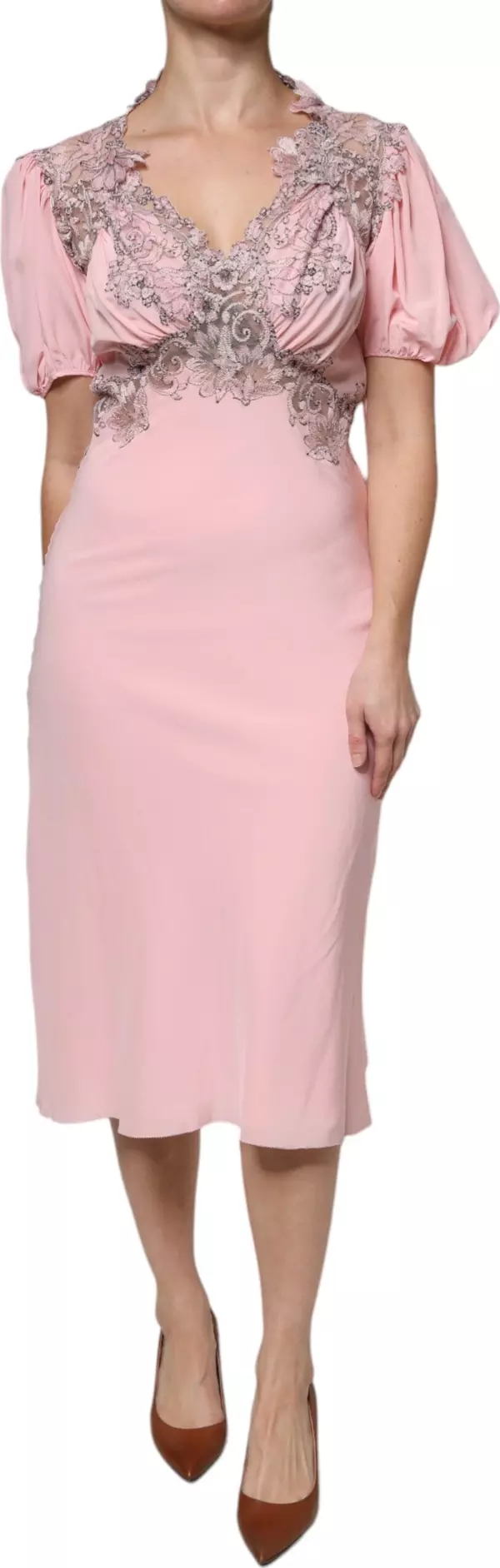 Pink Floral Lace Short Sleeves V-neck Midi Dress