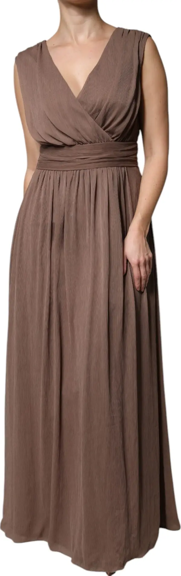 Brown Sleeveless Deep V-neck A-line Long Maxi Dress
