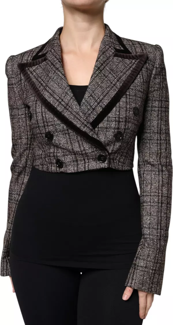 Brown Plaid Long Sleeve Cropped Coat Jacket